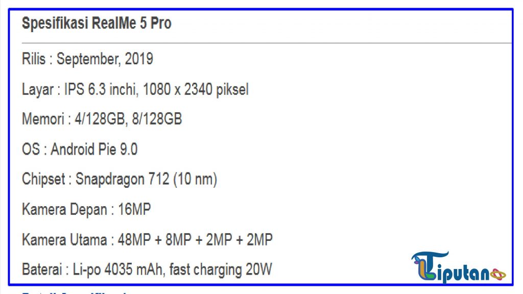 Spesifikasi RealMe 5 Pro - Daftar HP RAM 8gb dibawah 2 juta - TribunLiputan